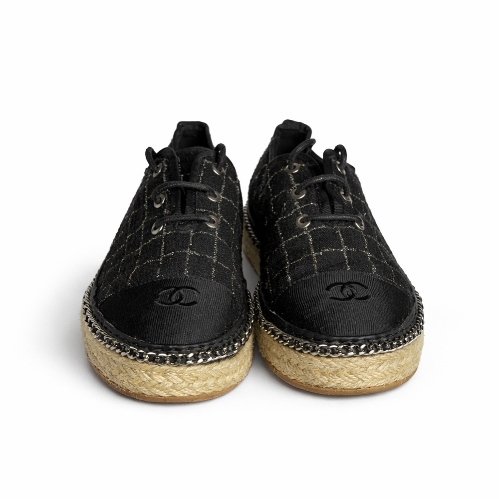 CHANEL Black Quilted Lace-Up Espadrille Sneakers Size 38 Designer Luxury - Picture 9 of 15